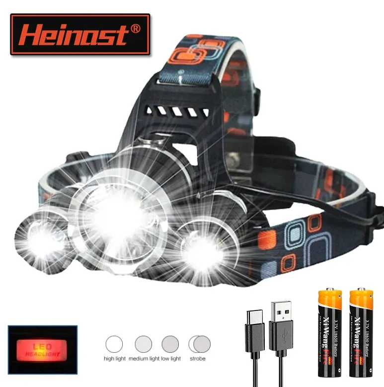 1-5PCS LED Headlamp 4-Mode Waterproof Headlight USB Rechargeable 18650 Head Torch for Camping Hunting