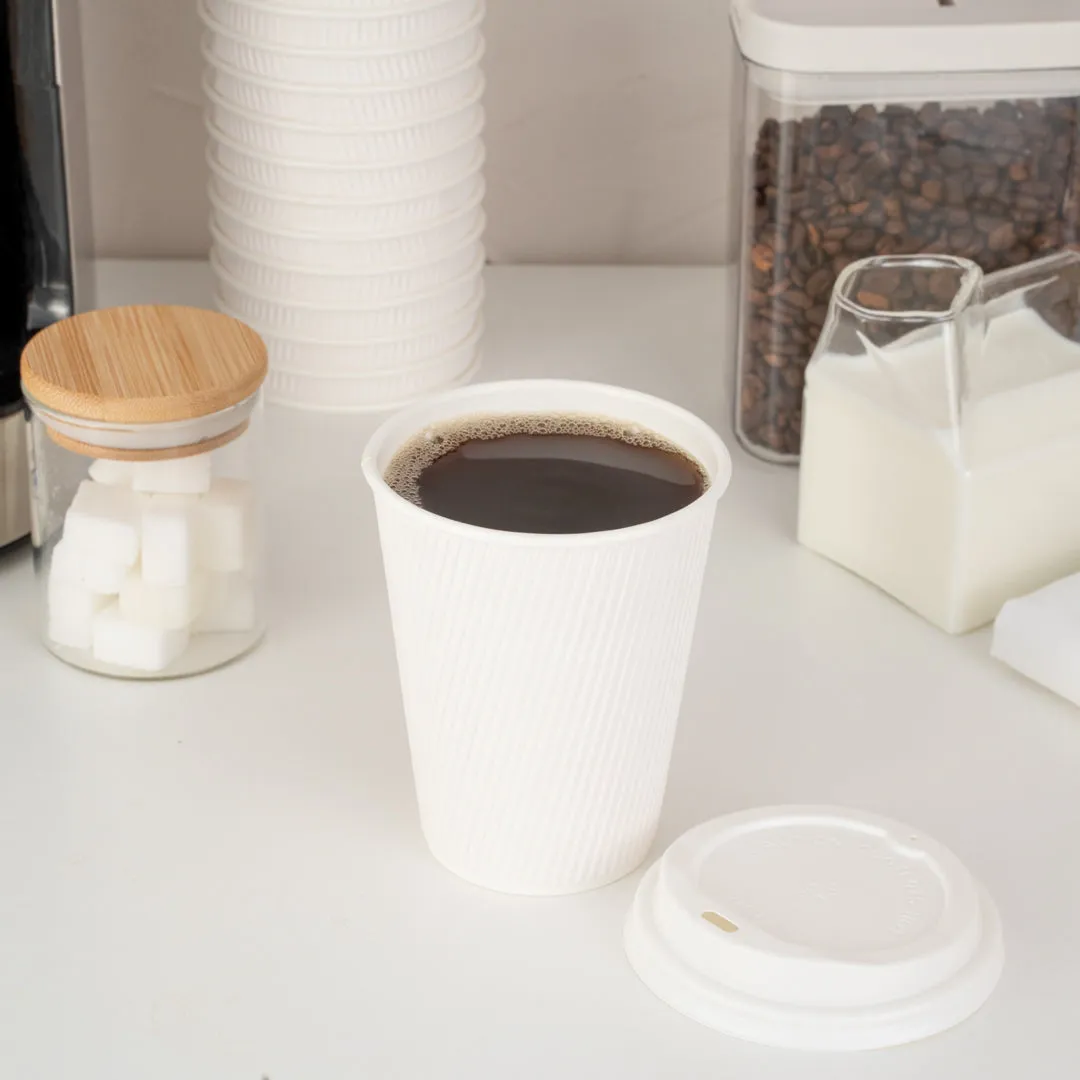 12 oz White Paper Ripple Wall Coffee Cup - with White Lid - 3 1/2" x 3 1/2" x 5" - 200 count box