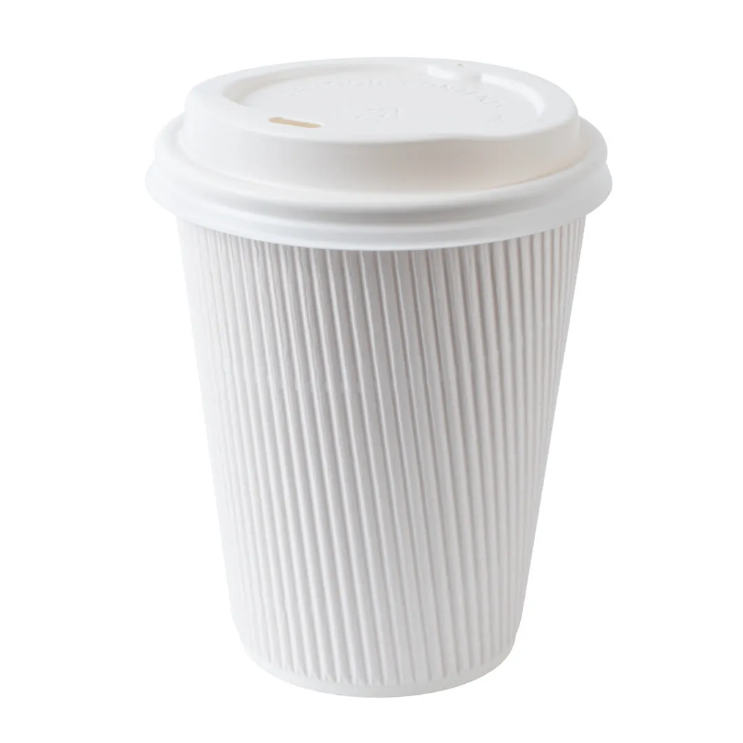 12 oz White Paper Ripple Wall Coffee Cup - with White Lid - 3 1/2" x 3 1/2" x 5" - 200 count box