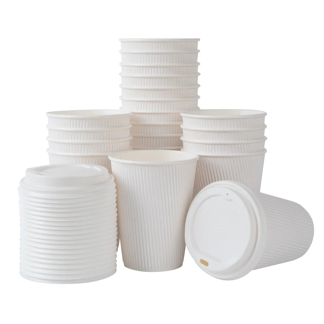 12 oz White Paper Ripple Wall Coffee Cup - with White Lid - 3 1/2" x 3 1/2" x 5" - 200 count box