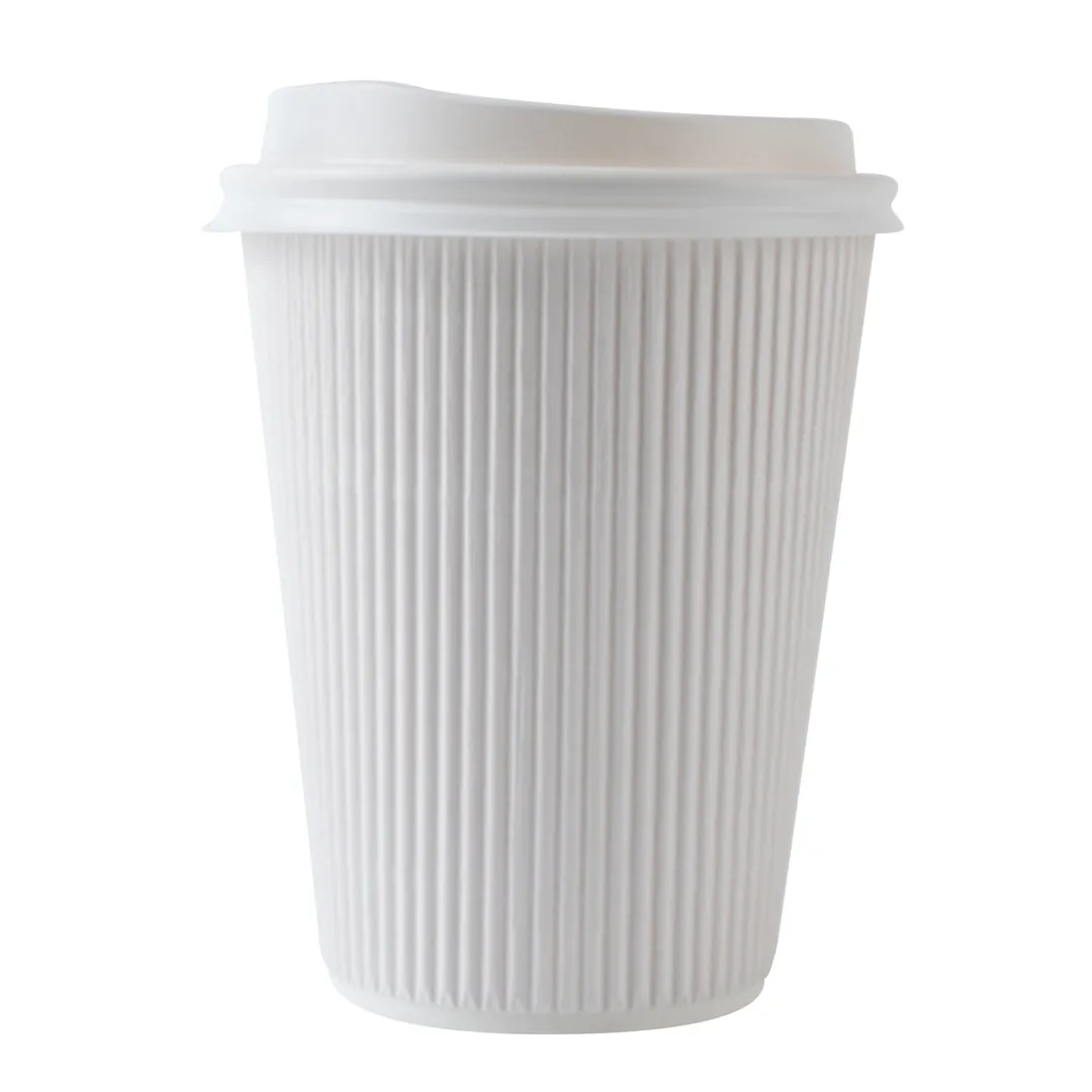 12 oz White Paper Ripple Wall Coffee Cup - with White Lid - 3 1/2" x 3 1/2" x 5" - 200 count box