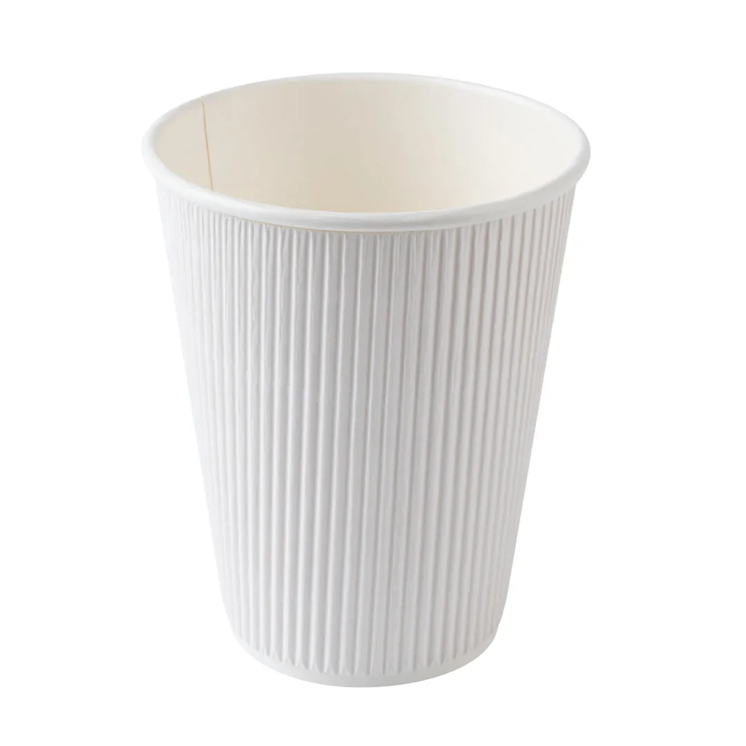 12 oz White Paper Ripple Wall Coffee Cup - with White Lid - 3 1/2" x 3 1/2" x 5" - 200 count box