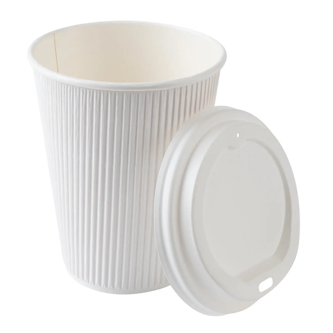 12 oz White Paper Ripple Wall Coffee Cup - with White Lid - 3 1/2" x 3 1/2" x 5" - 200 count box