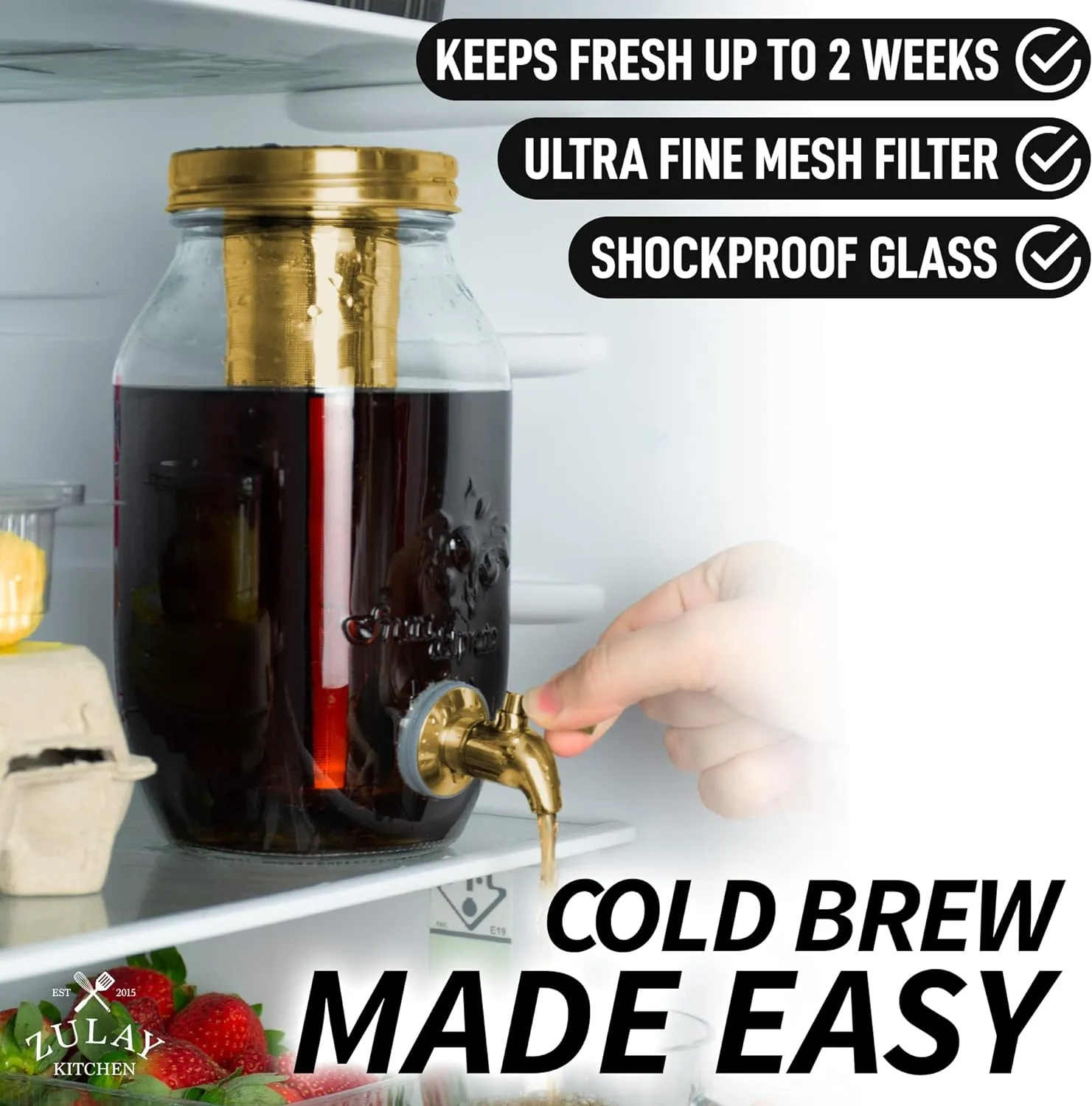 1.5 Liter Cold Brew Coffee Maker with Extra Thick Glass Carafe & Stainless Steel Mesh Filter