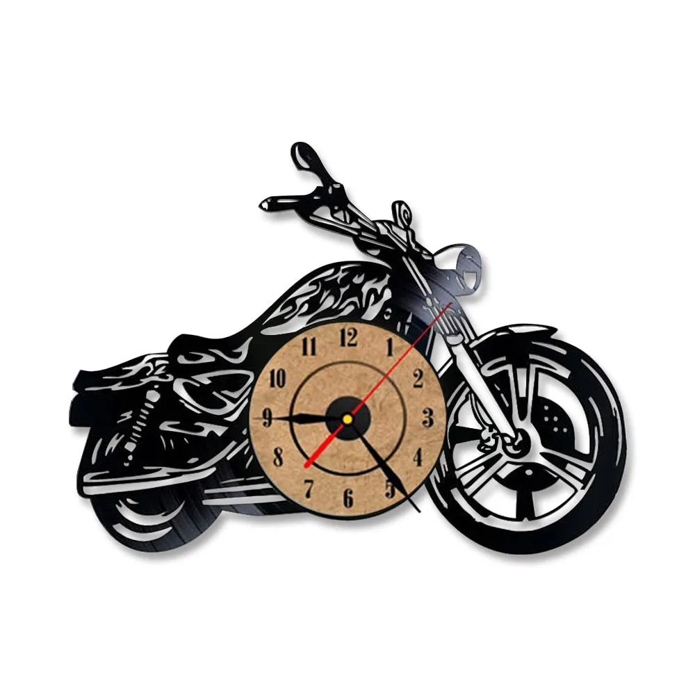 3D Creative Classic Vinyl Record Clock Motorcycle Fans Gift Hollow Motorcycle Shape Wall Art Motorcycle Rider LED Clock