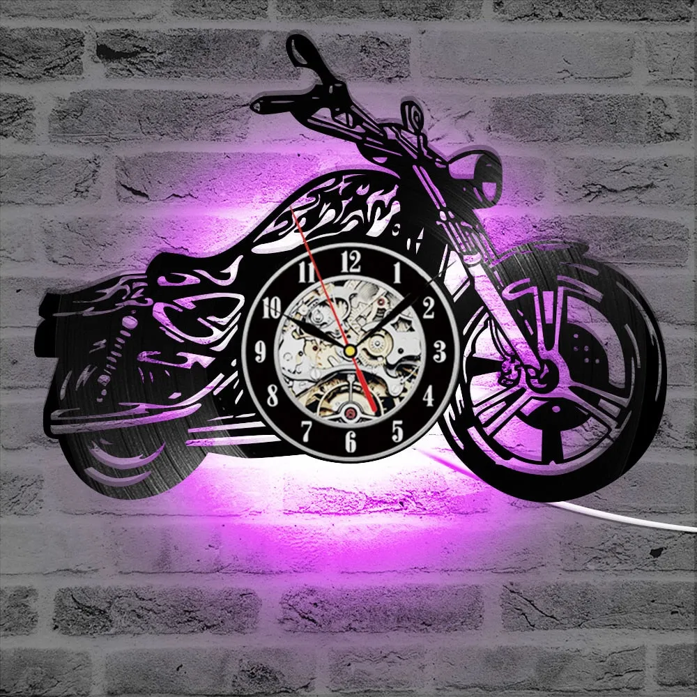 3D Creative Classic Vinyl Record Clock Motorcycle Fans Gift Hollow Motorcycle Shape Wall Art Motorcycle Rider LED Clock