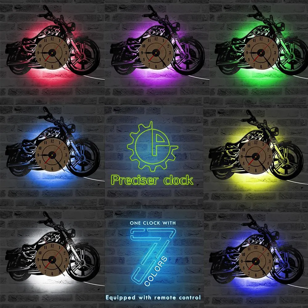 3D Creative Classic Vinyl Record Clock Motorcycle Fans Gift Hollow Motorcycle Shape Wall Art Motorcycle Rider LED Clock