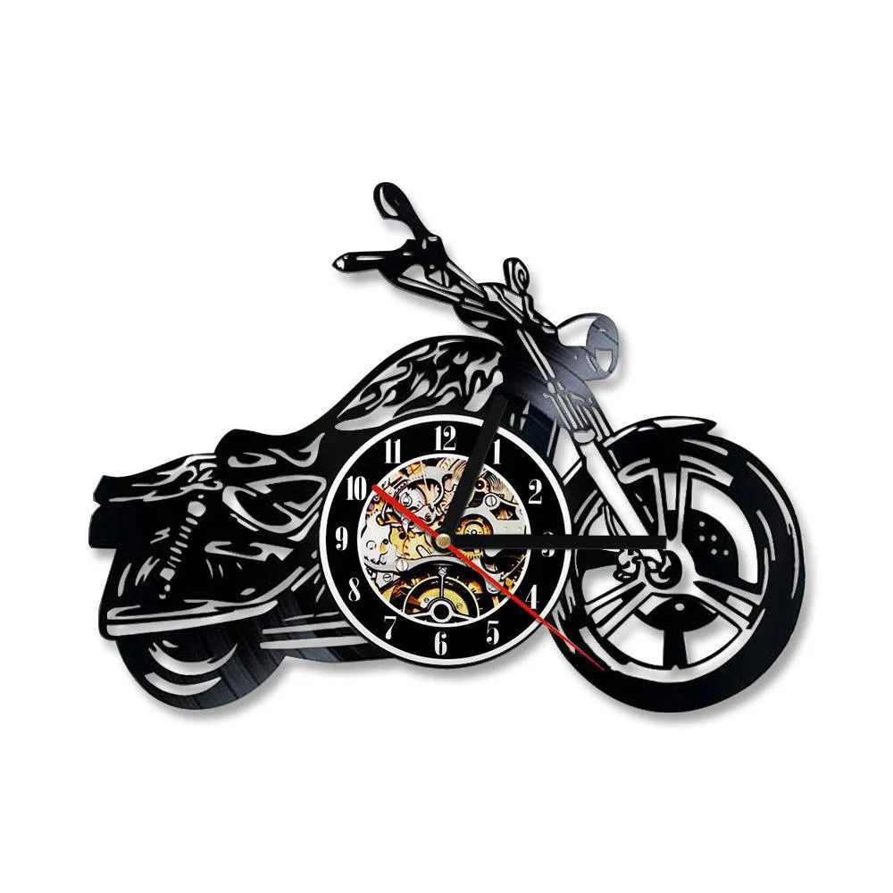 3D Creative Classic Vinyl Record Clock Motorcycle Fans Gift Hollow Motorcycle Shape Wall Art Motorcycle Rider LED Clock