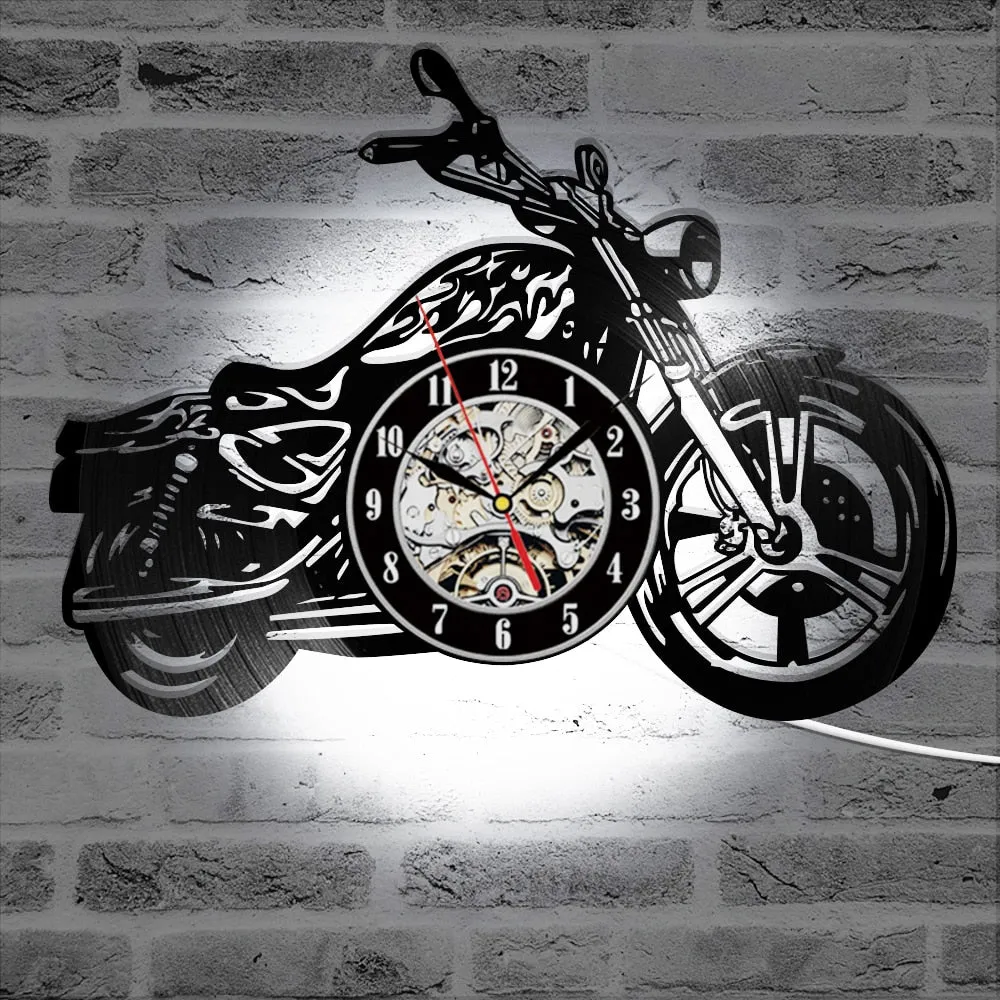 3D Creative Classic Vinyl Record Clock Motorcycle Fans Gift Hollow Motorcycle Shape Wall Art Motorcycle Rider LED Clock