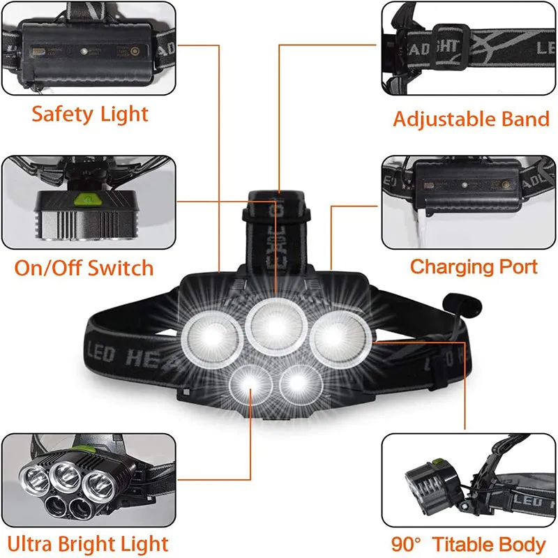 5 LED Strong Headlight USB Rechargeable Flashlight Headlamp