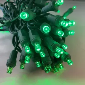 50-light  5mm Green LED Christmas Lights, 4" Spacing, Green Wire