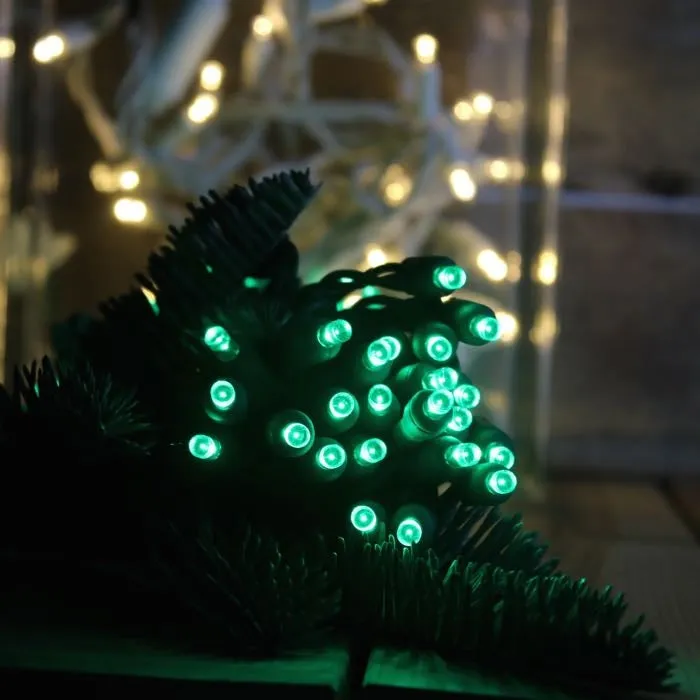 50-light  5mm Green LED Christmas Lights, 4" Spacing, Green Wire