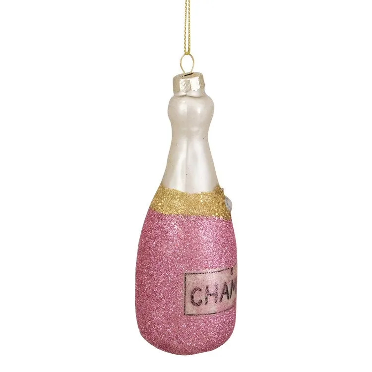 5" Pink Glitter Champagne Bottle Glass Christmas Ornament