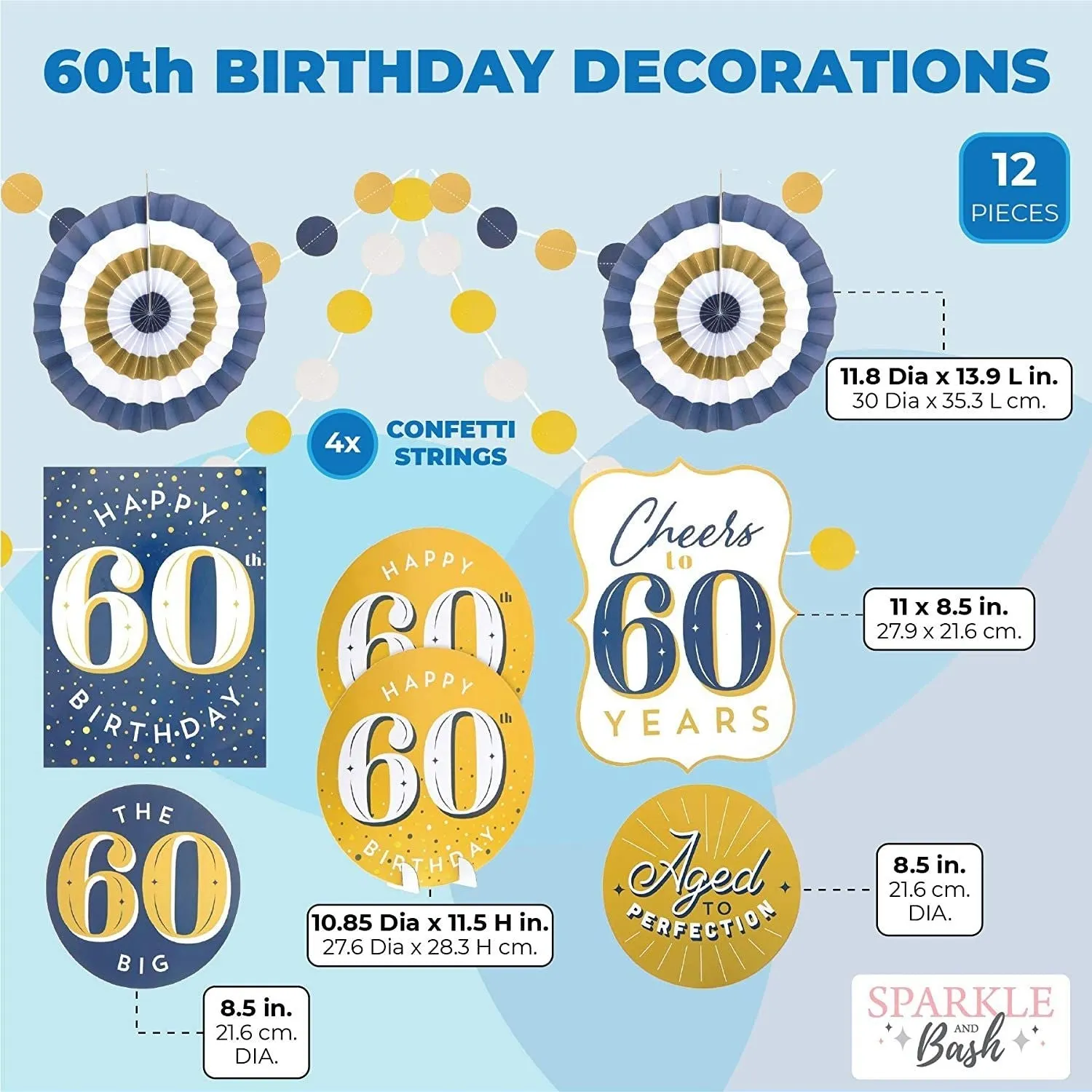 60th Birthday Decorations, Includes Table Centerpieces, Wall Sign, Ceiling Decorations and Confetti String (12 Pieces)