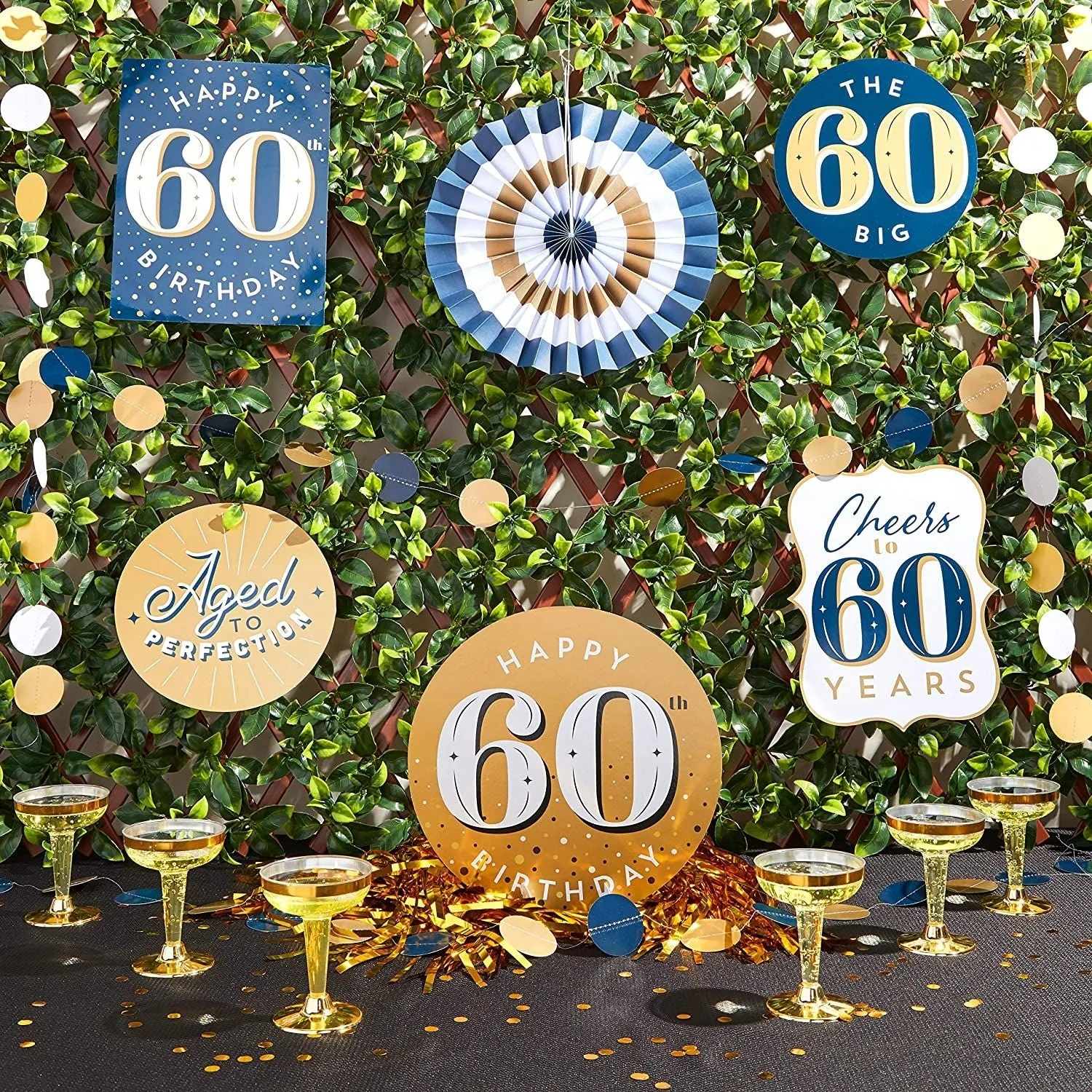 60th Birthday Decorations, Includes Table Centerpieces, Wall Sign, Ceiling Decorations and Confetti String (12 Pieces)