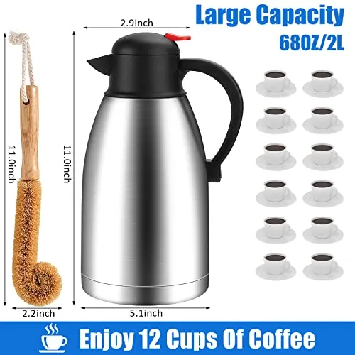 68 Oz Thermal Coffee Carafe,2 Liter Stainless Steel Thermos Carafe,Double Wall Insulated Coffee Server,Fully Sealed Coffee Thermos Dispenser Keep Hot 12 Hours,Vacuum Thermal Pot for Coffee Tea