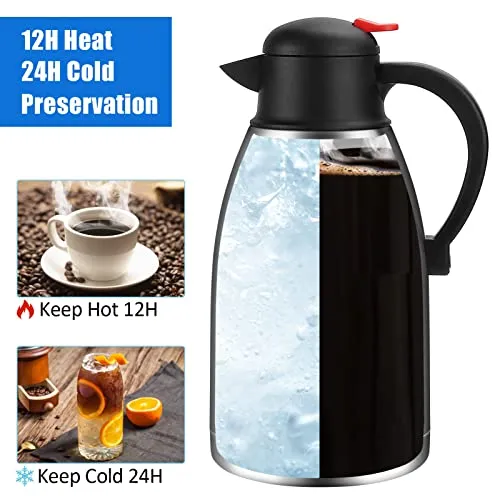 68 Oz Thermal Coffee Carafe,2 Liter Stainless Steel Thermos Carafe,Double Wall Insulated Coffee Server,Fully Sealed Coffee Thermos Dispenser Keep Hot 12 Hours,Vacuum Thermal Pot for Coffee Tea