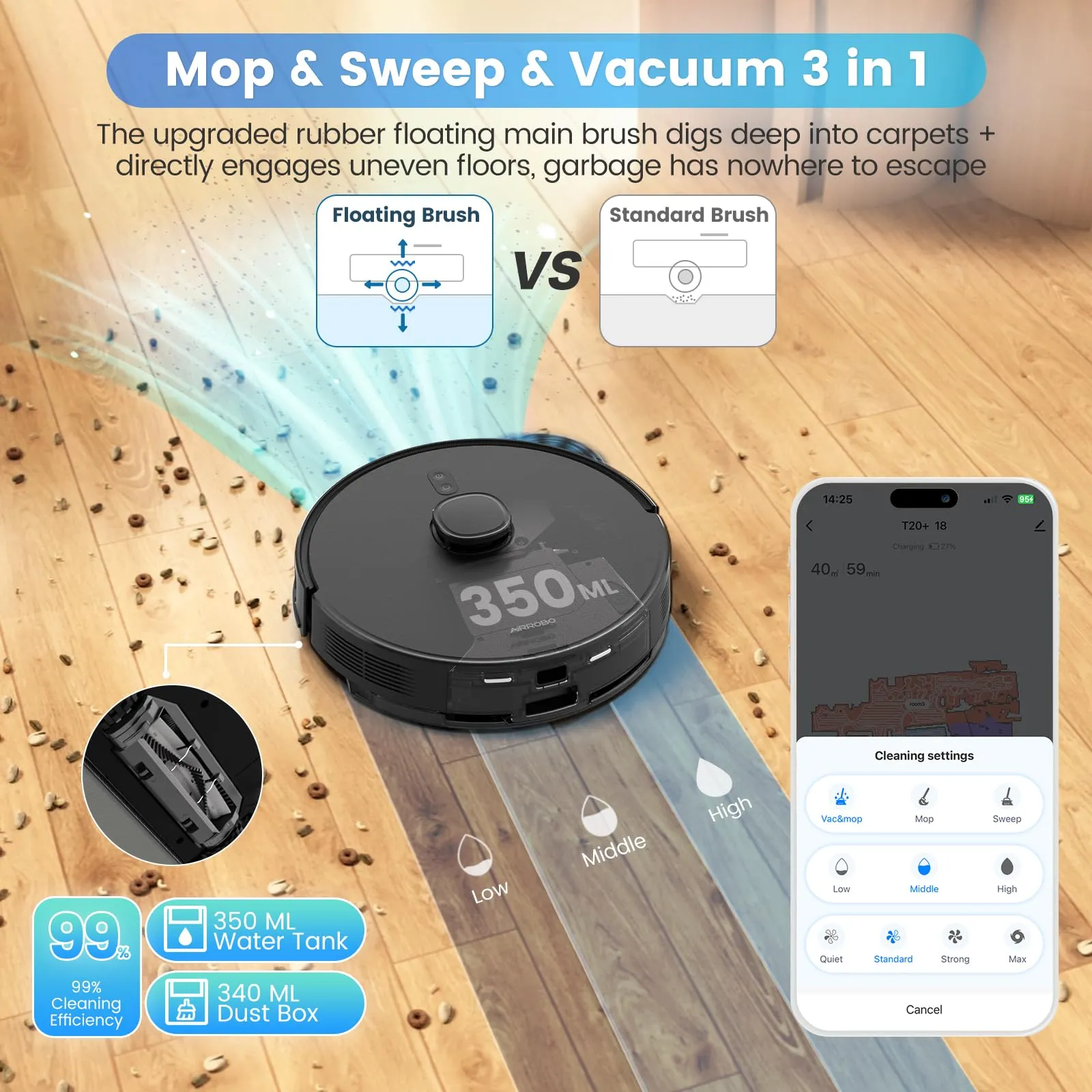 AIRROBO Robot Vacuum and Mop Combo, Self-Emptying, 60-Day Capacity, Home Mapping, Schedule, Wi-Fi/App/Alexa/Remote, 180mins Runtime, T20  Robotic Vacuum Cleaner for Pet, Hard Floors, Carpet