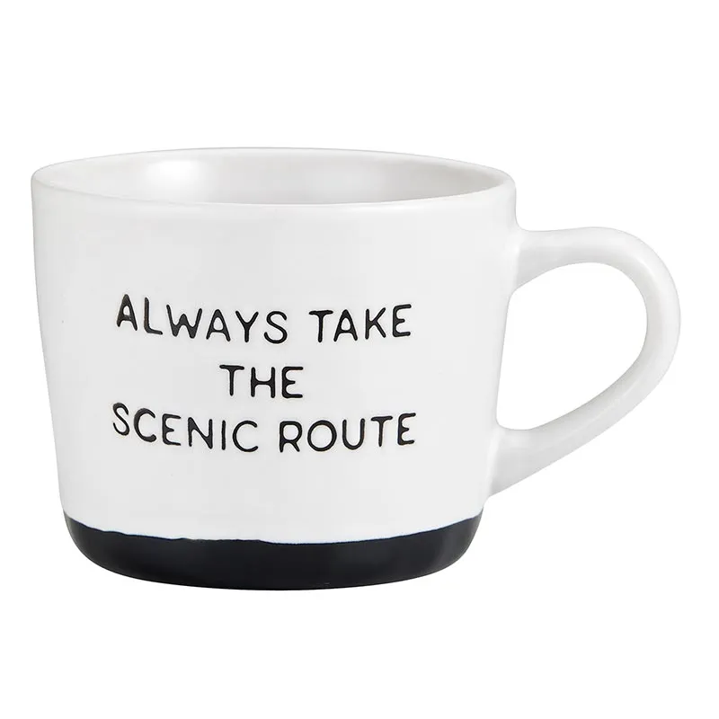 Always Take The Scenic Route Cozy Mug in White with Black Base | Stoneware Coffee Tea Cup | 15oz