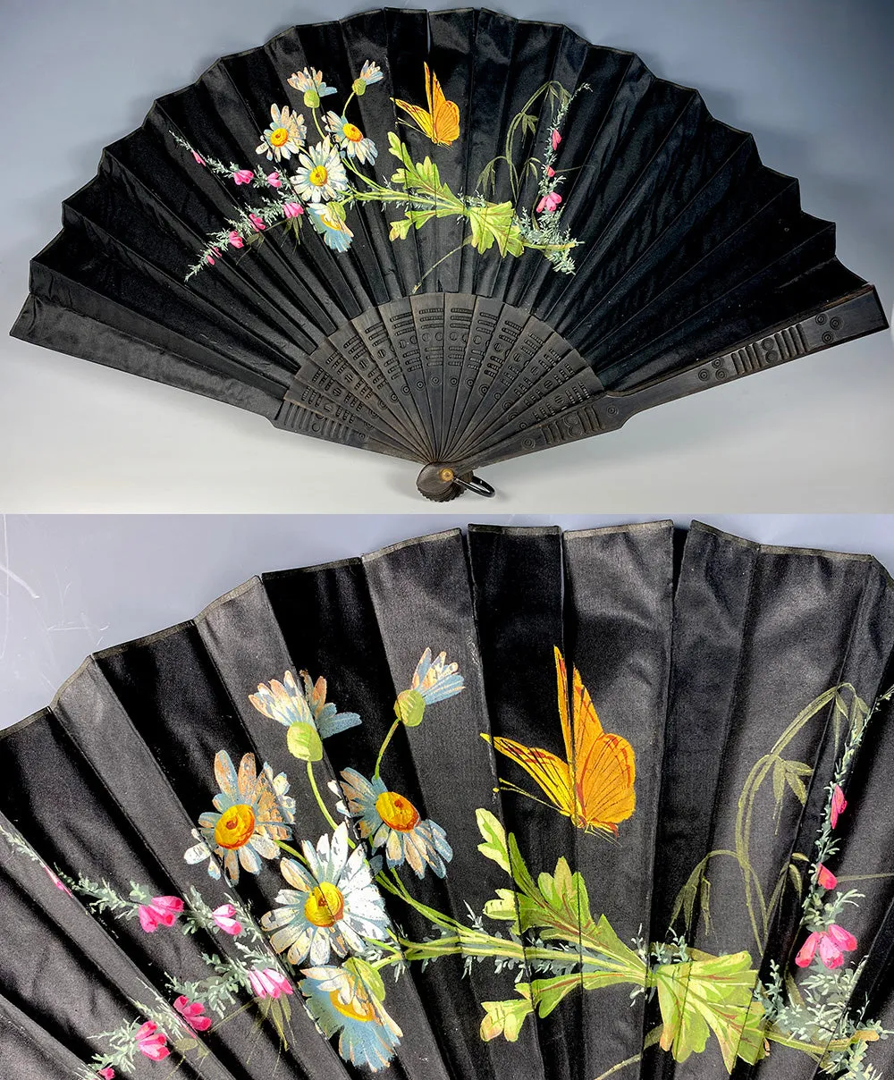 Antique French Hand Painted Silk and Wood Hand Fan 28cm Guards, c.1890-1910