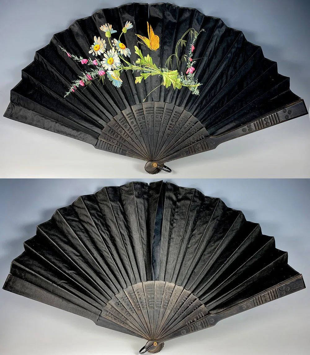 Antique French Hand Painted Silk and Wood Hand Fan 28cm Guards, c.1890-1910