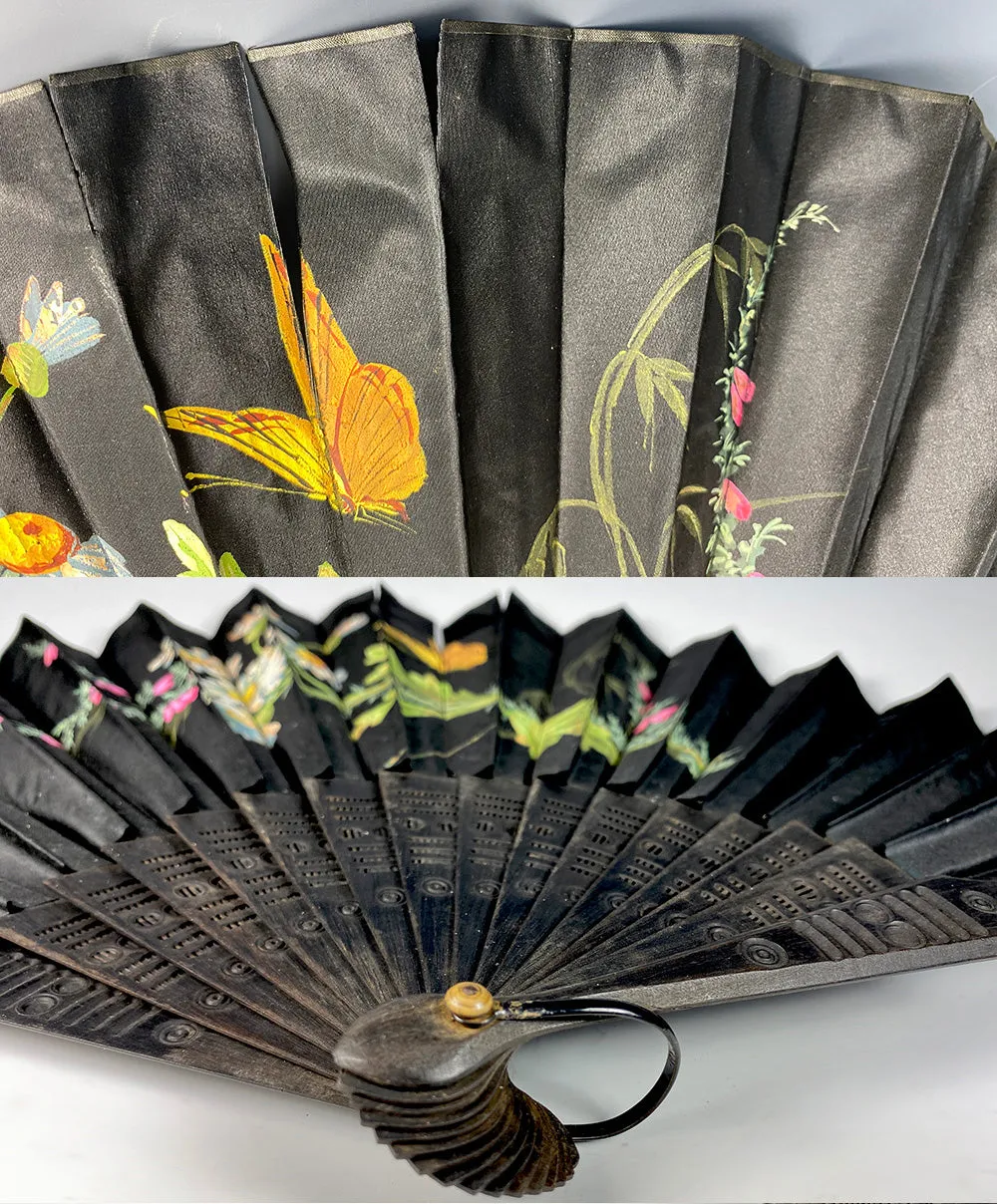 Antique French Hand Painted Silk and Wood Hand Fan 28cm Guards, c.1890-1910