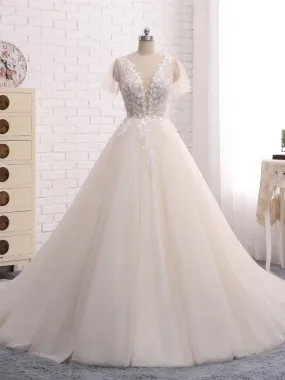 Ball Gown Wedding Dresses Romantic Long Train Short Sleeve Lace Big Bridal Gown JKW219