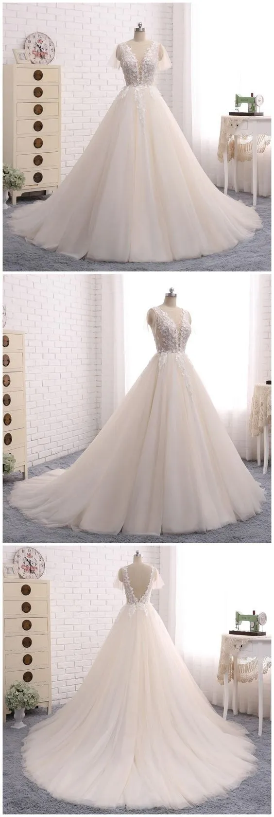 Ball Gown Wedding Dresses Romantic Long Train Short Sleeve Lace Big Bridal Gown JKW219