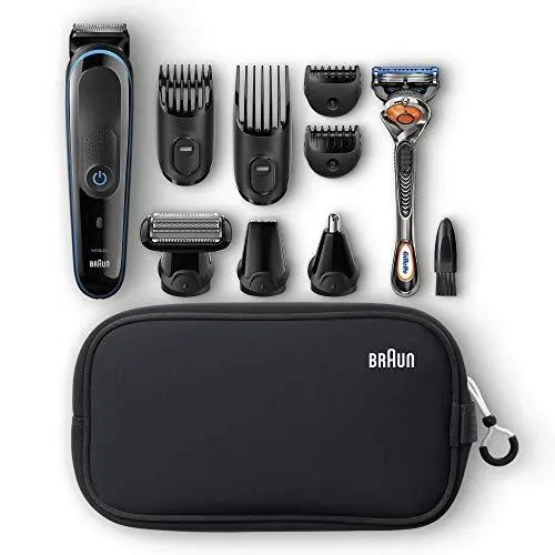 Braun All-in-one trimmer MGK3980, 9-in-1 Hair Clippers for Men, Beard Trimmer, Ear and Nose Trimmer, Body Groomer, Detail Trimmer, Cordless & Rechargeable, with Gillette ProGlide Razor, Black/Blue