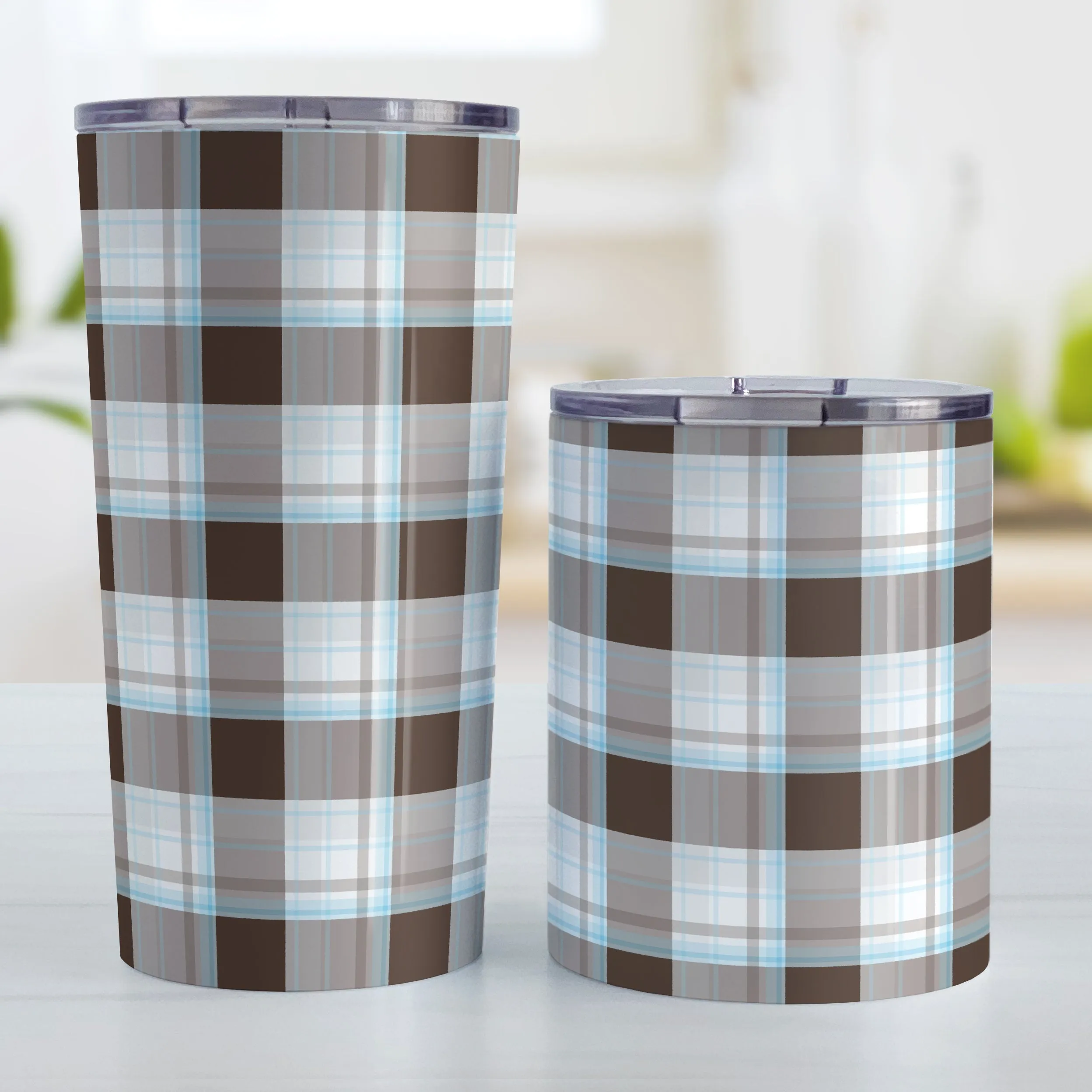 Brown Blue Plaid Tumbler Cup