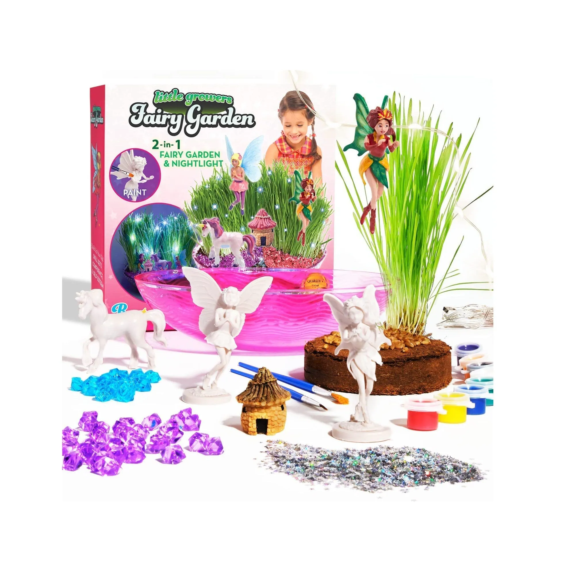 Bryte Fairy Garden Kit for Kids Unicorn | Fairies and Light-Up Fairy Lights | Paint | Plant and Grow Your Unicorn Fairy Garden