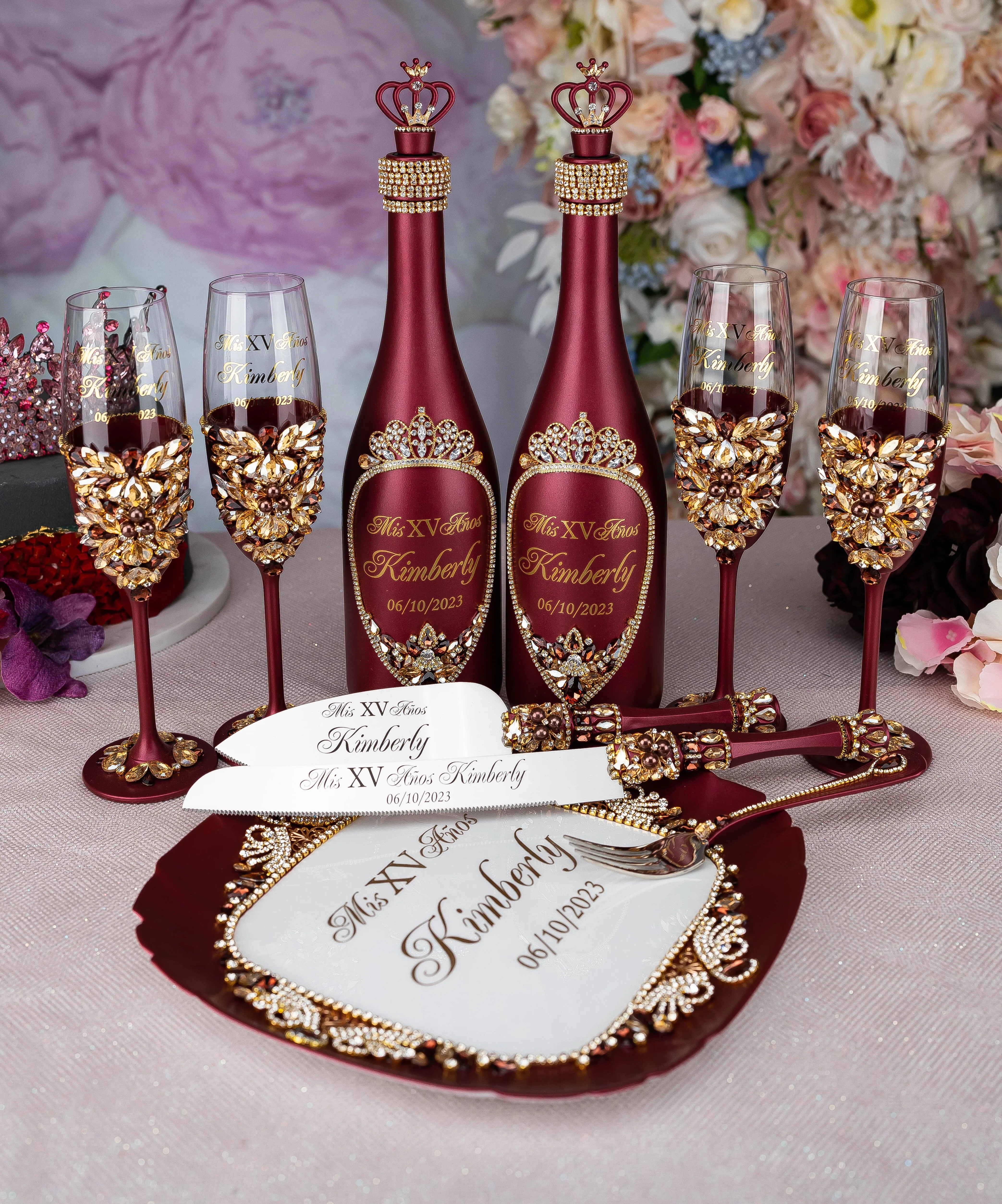 Burgundy quinceanera bottle with 1 glass