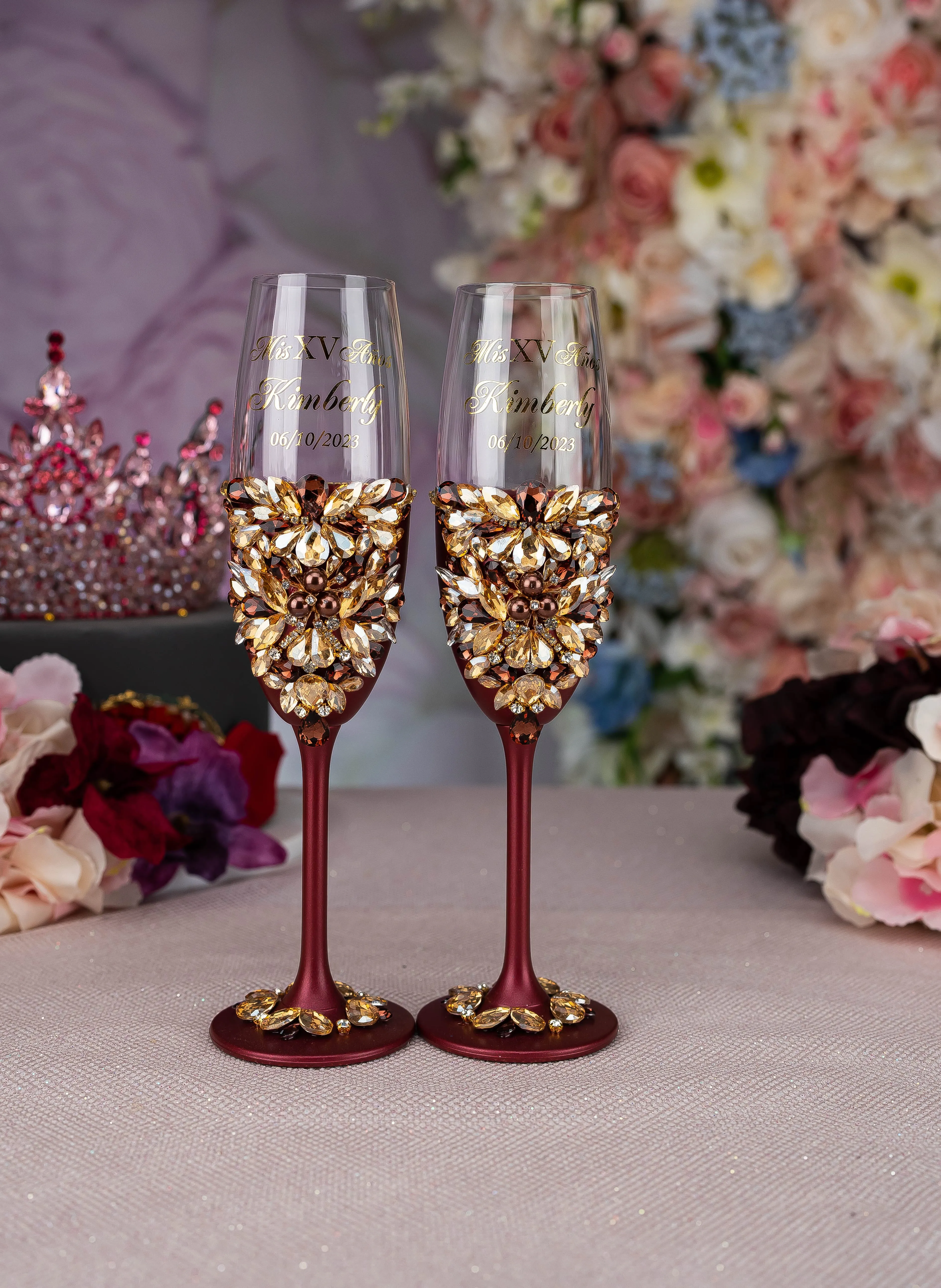 Burgundy quinceanera bottle with 1 glass