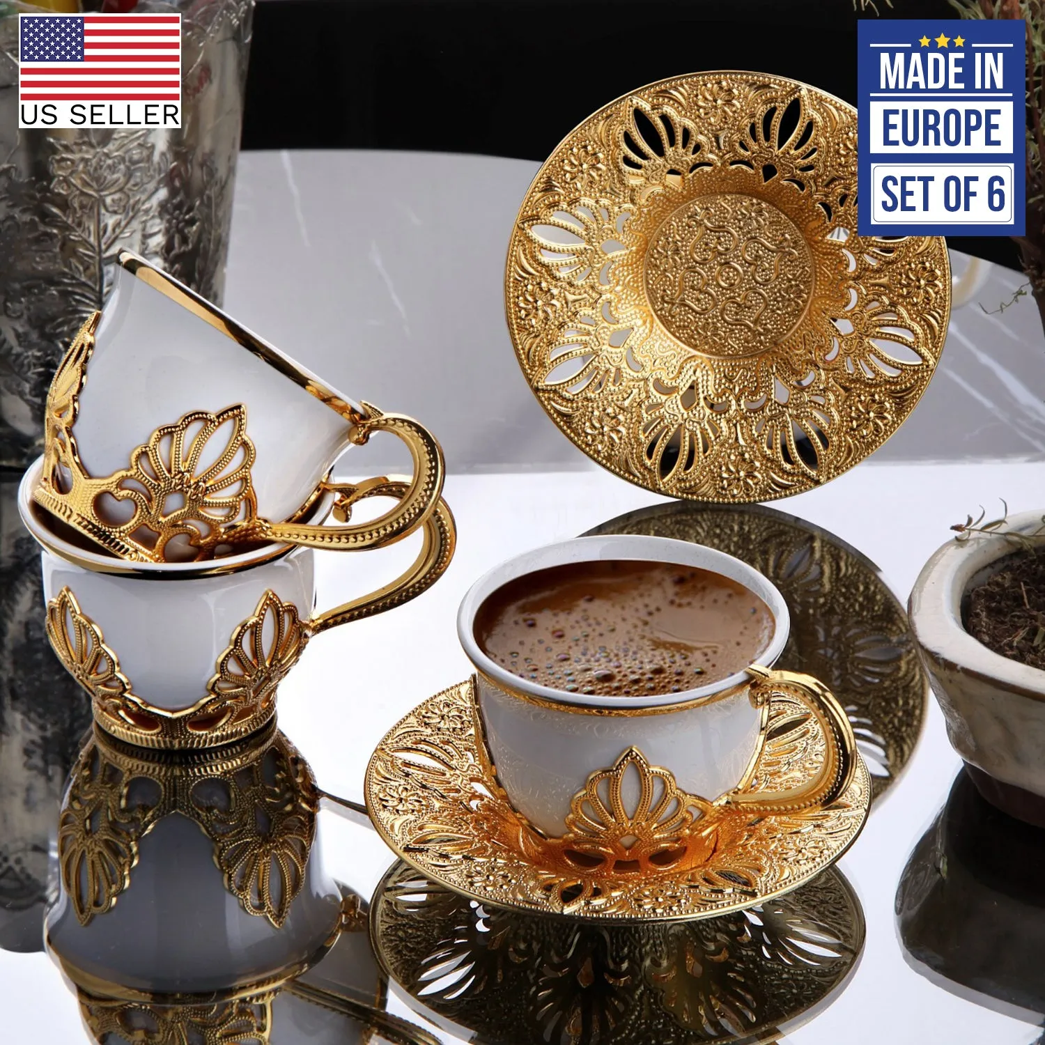 Coffee Cup Set for 6 People, 18-Piece Handmade Cups and Saucers, 2.7 Oz