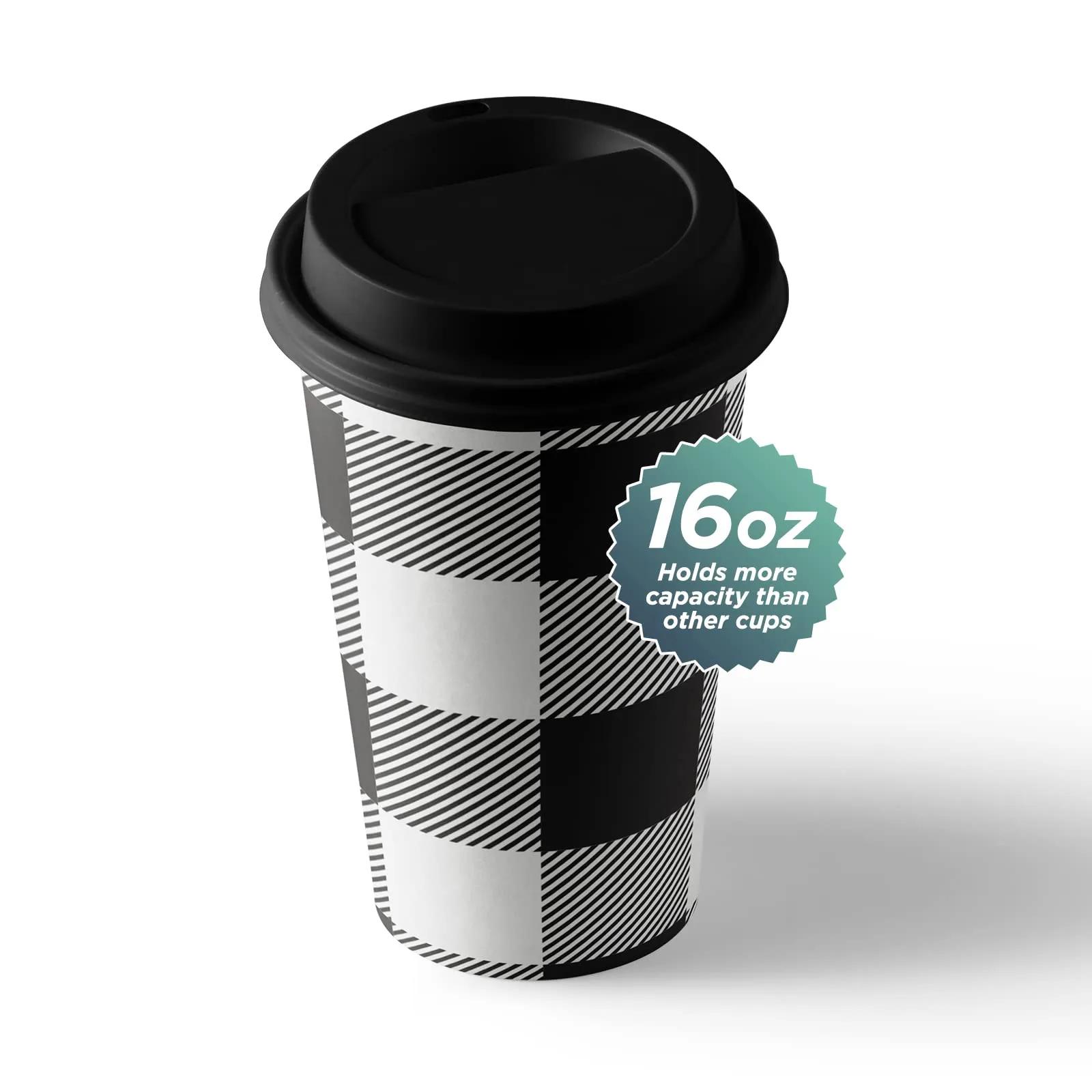 Disposable Coffee or Hot Chocolate Cups - Buffalo Plaid (Black & White Buffalo Plaid, 12-ct with Lids and Holiday Kraft Sleeves Design 1)