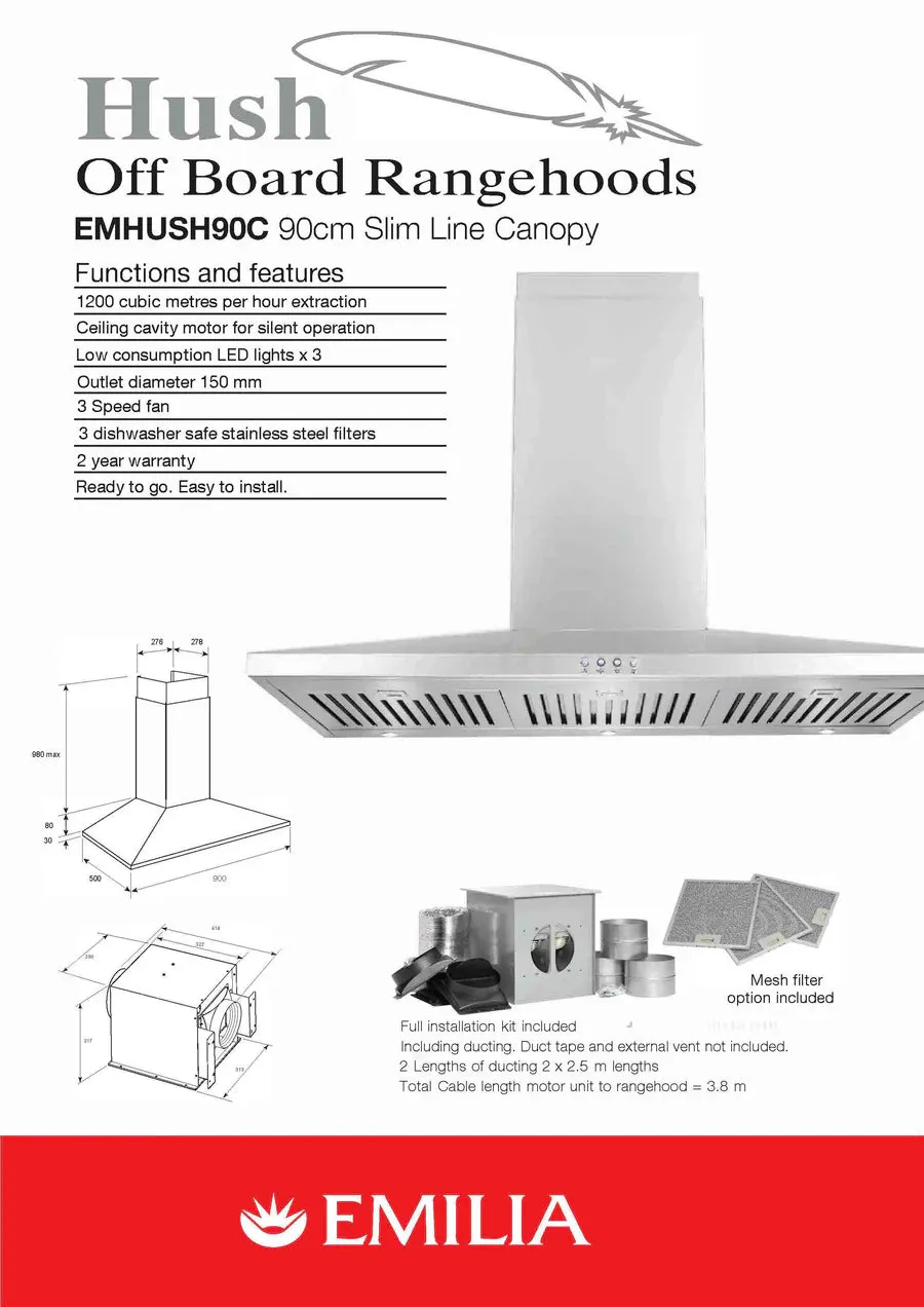 Emilia HUSH EMHUSH90C 90cm Low Profile Canopy Rangehood