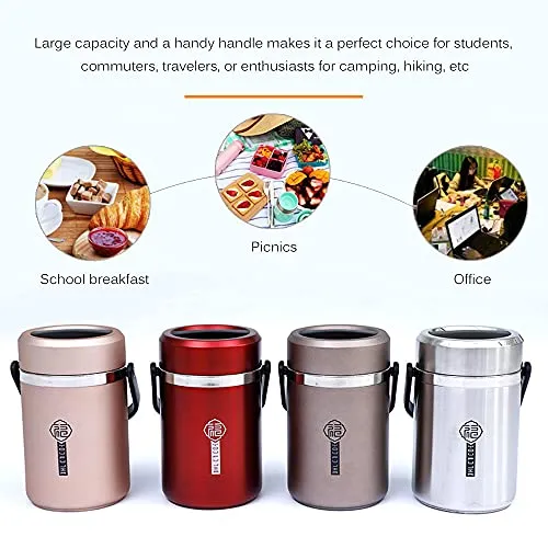 FABOBJECTS® Stainless Steel Vacuum Insulated Food Jar Long Time Insulation Portable Pot Thermos Container 1.8L Large capacity with 2 Food Trays