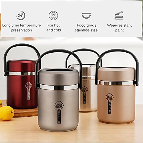 FABOBJECTS® Stainless Steel Vacuum Insulated Food Jar Long Time Insulation Portable Pot Thermos Container 1.8L Large capacity with 2 Food Trays