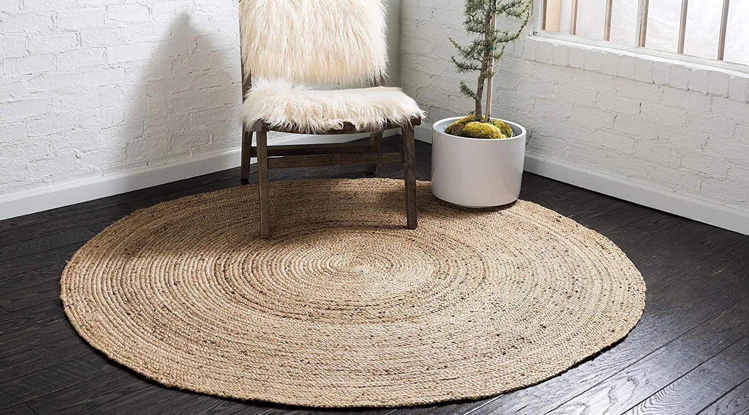 Fernish Decor Jute Round Rug - Braided Reversible Rug for Living Room Bedroom (Beige, 3 Feet / 90 CM, Round)