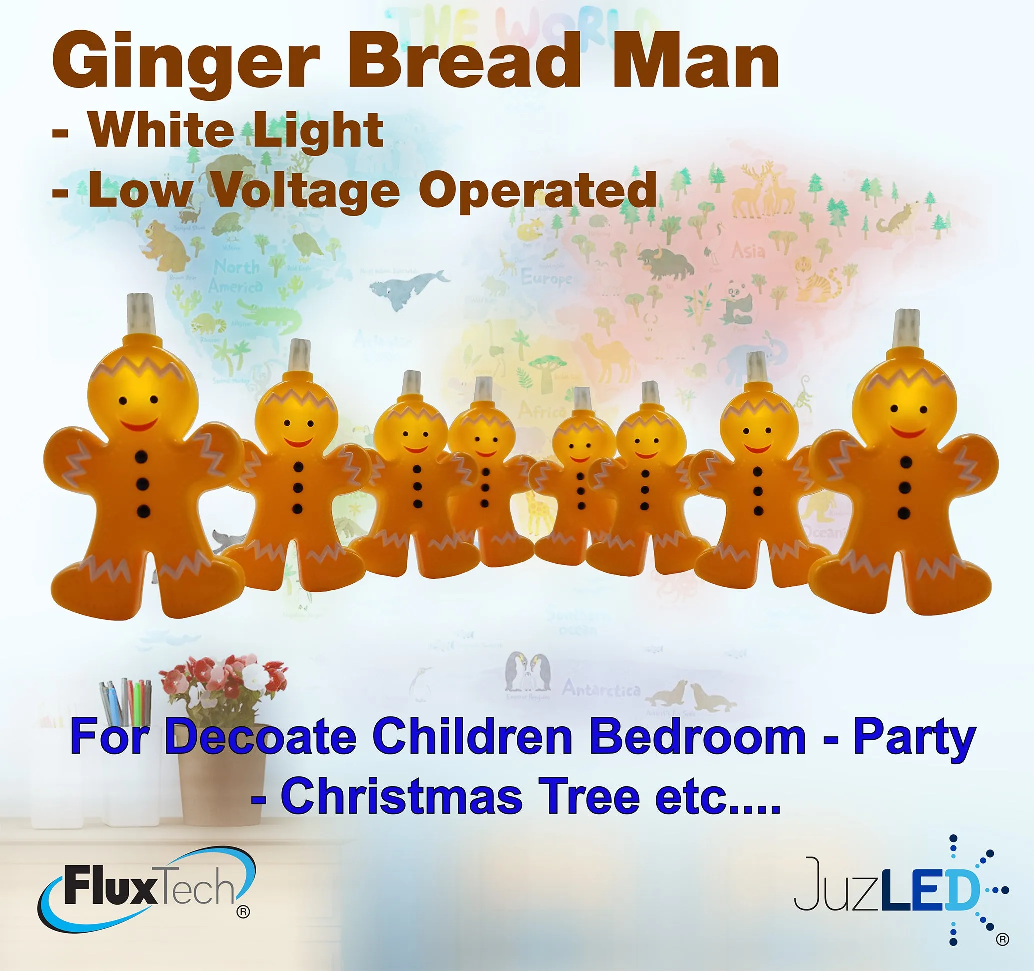 FluxTech - Ginger Bread Man 10 x White Colour LED String Lights by JustLED – Low Voltage Operated