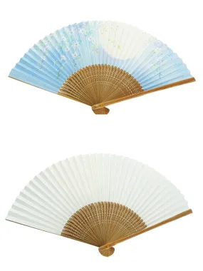 Folding Fan. made in Kyoto, Japan. Japanese Hand Fan. "Cherry Blossom &Fullmoon / Light Blue"