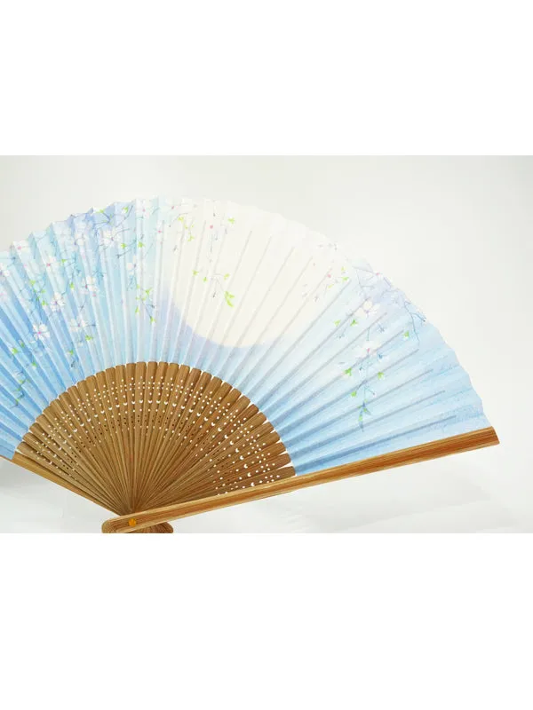 Folding Fan. made in Kyoto, Japan. Japanese Hand Fan. "Cherry Blossom &Fullmoon / Light Blue"