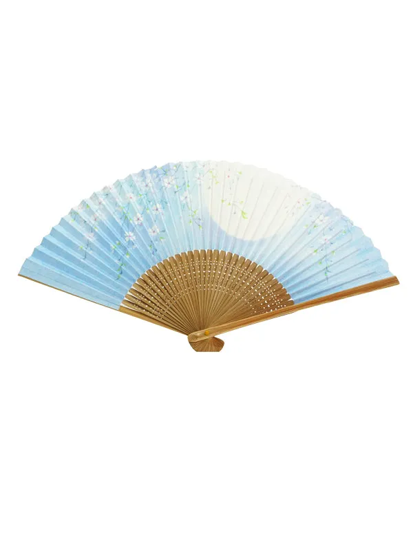 Folding Fan. made in Kyoto, Japan. Japanese Hand Fan. "Cherry Blossom &Fullmoon / Light Blue"