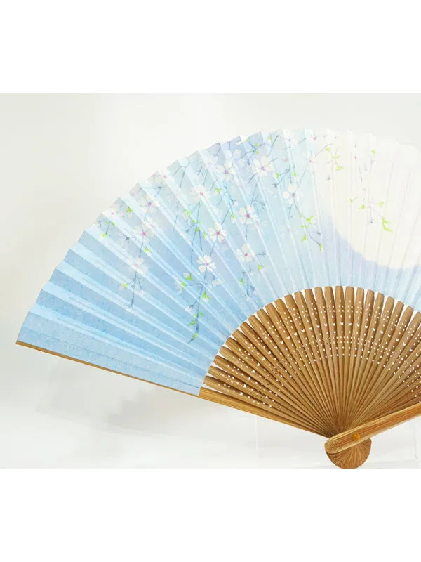 Folding Fan. made in Kyoto, Japan. Japanese Hand Fan. "Cherry Blossom &Fullmoon / Light Blue"