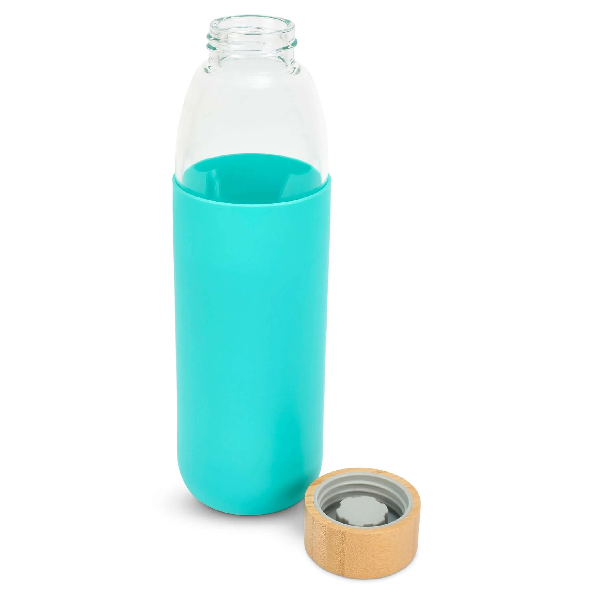 Glass Water Bottle with Bamboo Lid & Coloured Silicone Sleeve 540ml Assorted Colours BPA FREE