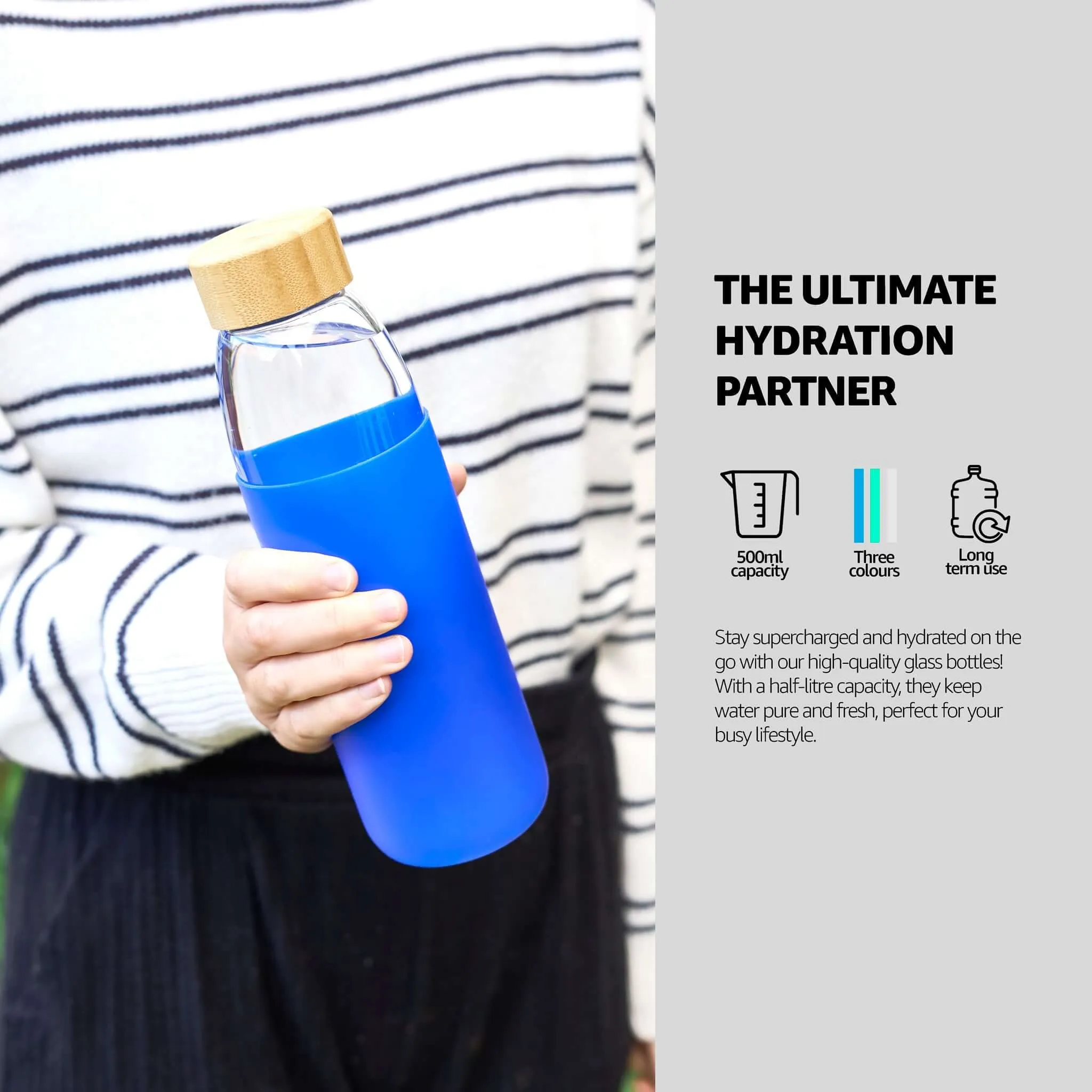 Glass Water Bottle with Bamboo Lid & Coloured Silicone Sleeve 540ml Assorted Colours BPA FREE