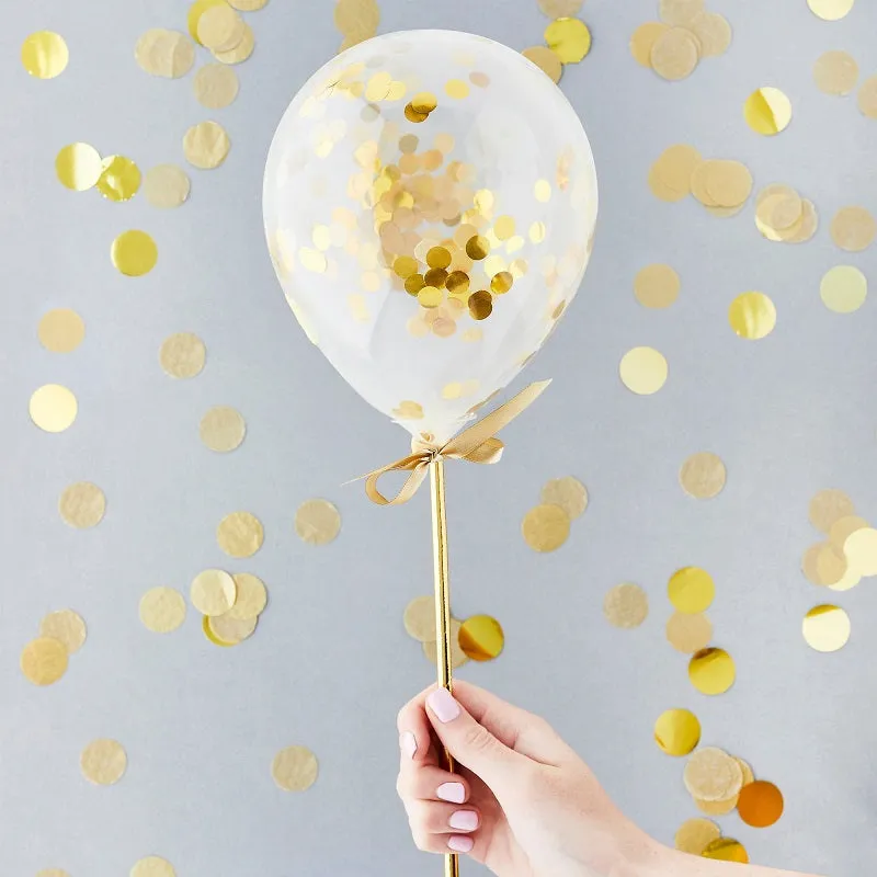 Gold Mini Confetti Balloon Wands (5 pack)