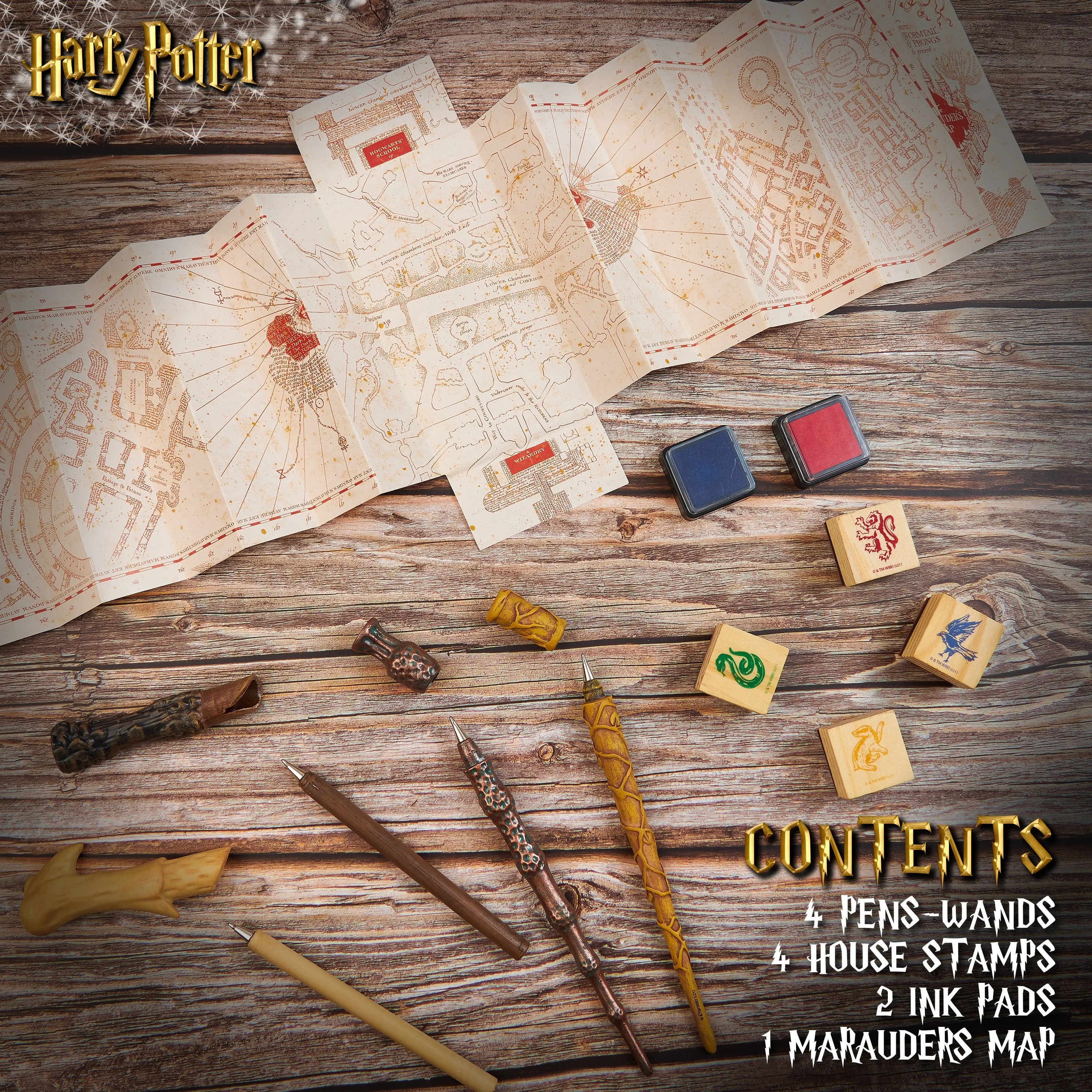 Harry Potter Gifts Wand Pen Set of 4 Stationery Supplies, Map, Stamp Kit and Ink Set