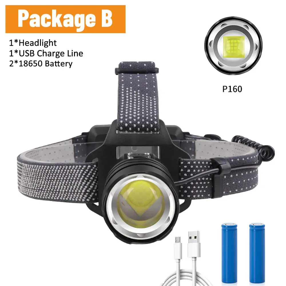 Headlamp USB Rechargeable Head Lamp P160/P50 Headlight with 4 Modes and Adjustable Headband for Camping Hiking Outdoors Hunting