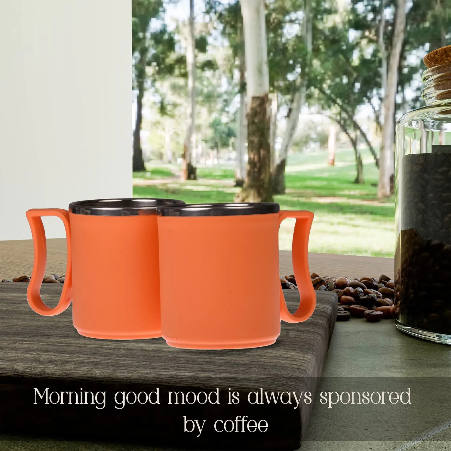 Heart Home Coffee Mug|Inside Stainless Steel Double Wall Tea Cup|Outside Plastic Stylish Milk Mug for Kids & Adults|Pack of 2 (Orange)